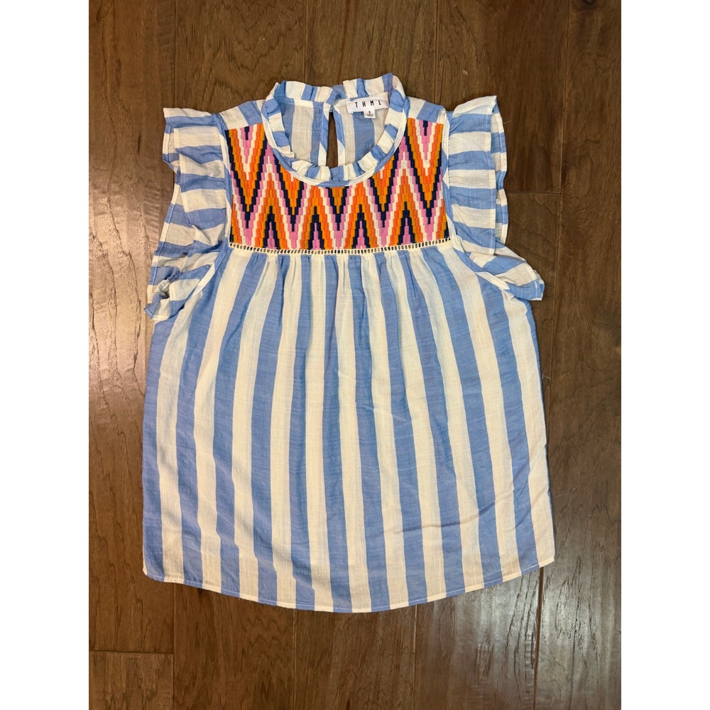 THML Womens‎ Blue White Striped Embroidered Ruffle Sleeveless Blouse Small